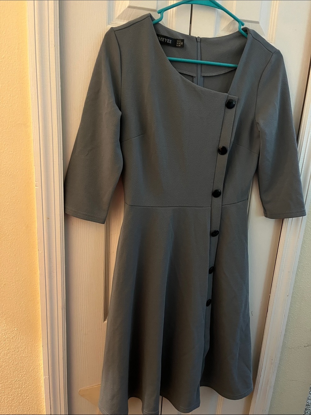 Maeve Slate Gray Asymmetric Button-Front Long Sleeve Dress